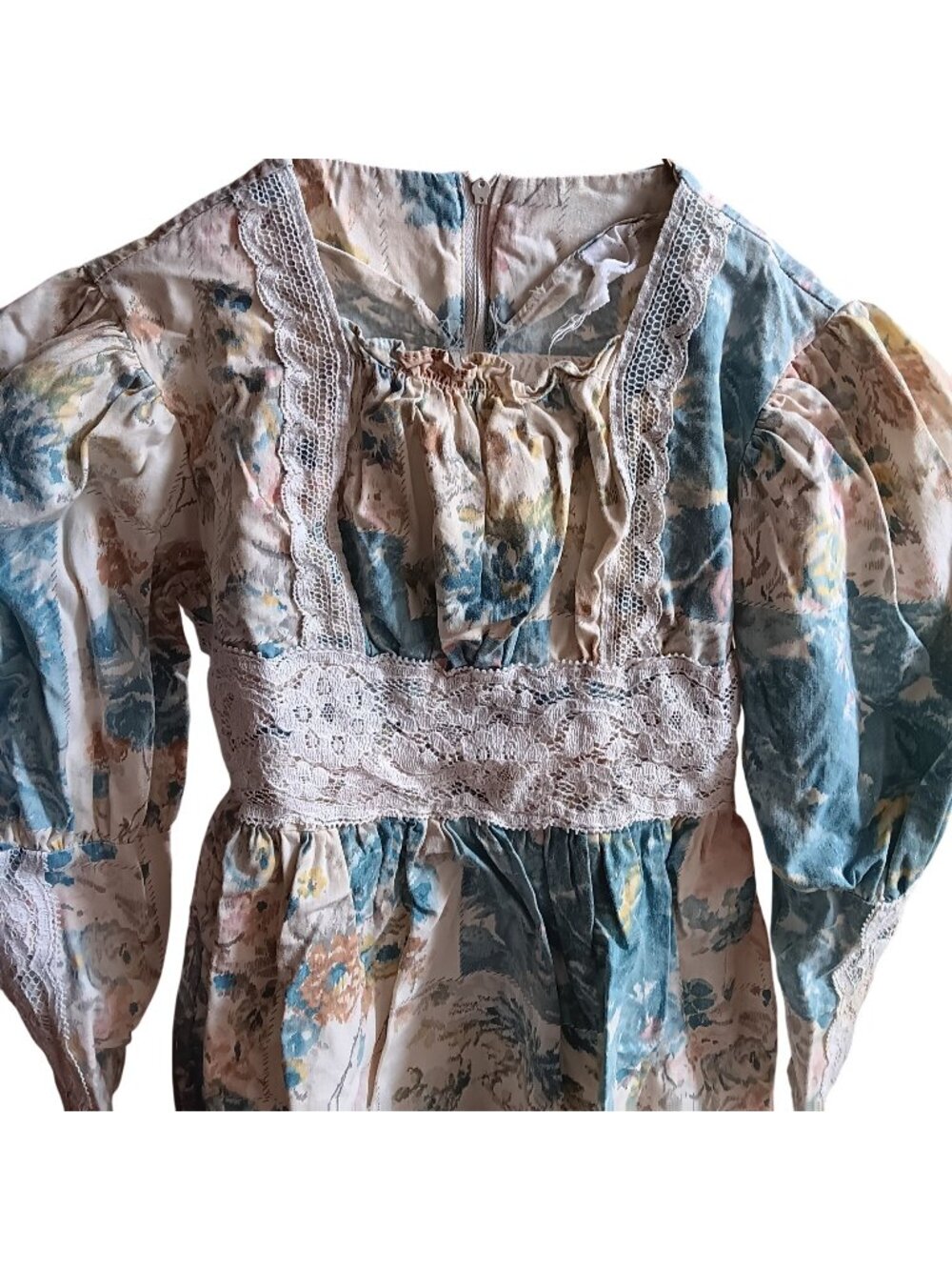 Girls 7 True Vintage Boho Dress Peasant Floral Lace Puff Sleeve Tie-Back 1970's